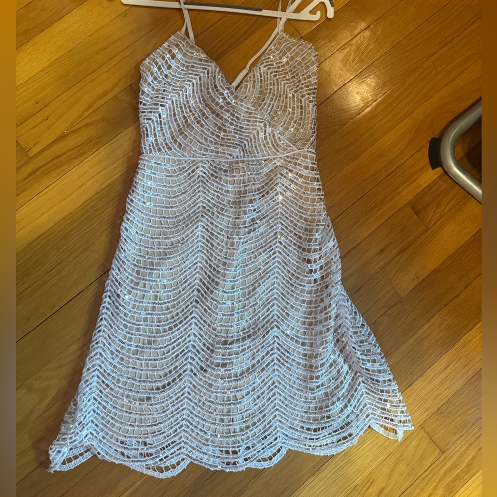 Lulu's White/Silver Lace Midi Dress